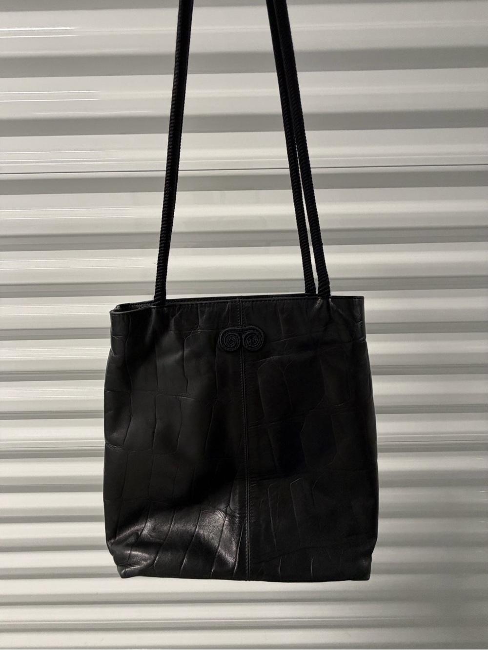 Black Leather Shoulder Tote with Rope Straps